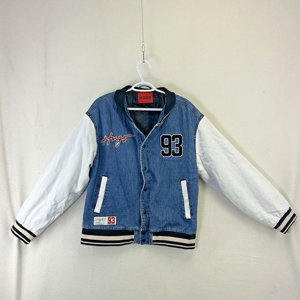 HUGO BOSS Men's (M) Denim Varsity Bomber Jacket Bright Blue White Sleeves